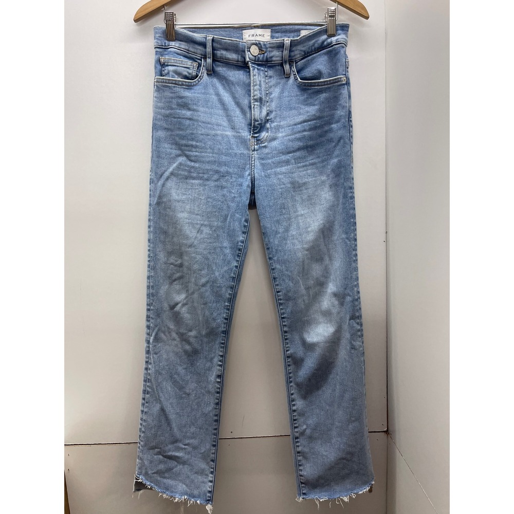 Frame Le High Straight Raw Hem Jeans Light Wash Denim Blue Womens Sz 29